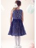 A-line Navy Blue Lace Knee Length Flower Girl Dress With Bow